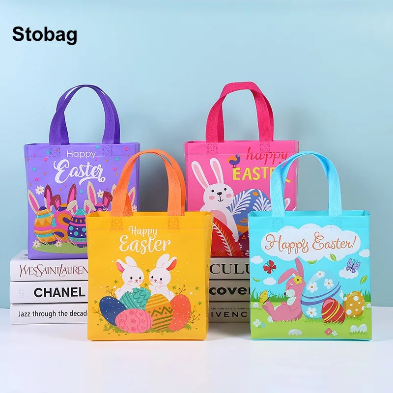 StoBag 12pcs Happy Easter Non-woven Tote Bags Cartoon Rabbit Kids Child Gift Package Fabric Storage Reusable Pouch Party Favors