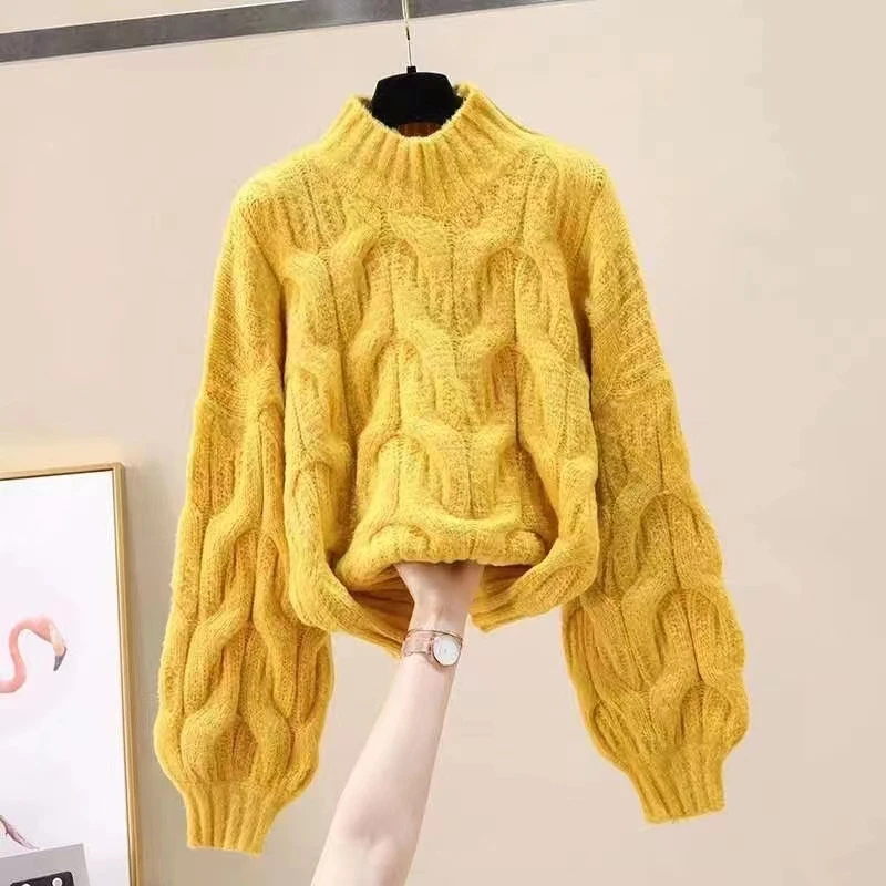 Autumn and Winter New Women's Clothing Round Neck Lantern Sleeves Women's Seven-quarter Sleeves Sweater Pullover Casual Top
