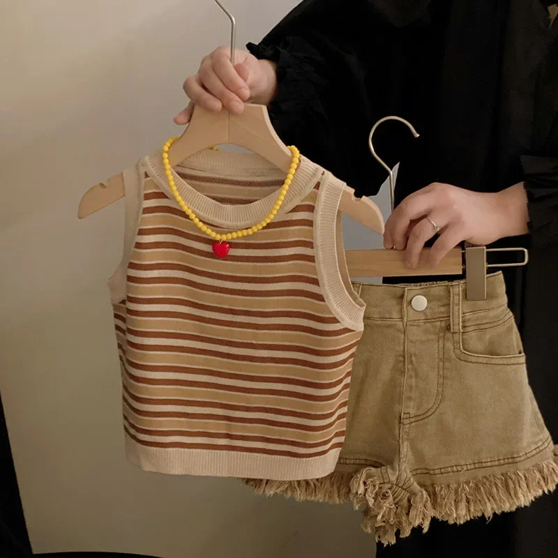 

Children's Clothing Suit 2024 Summer New Girls' Fashion Striped Knit Vest Denim Shorts Set Kids Boutique Clothes Set