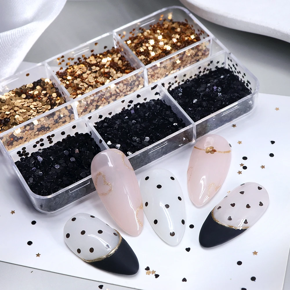 블랙 골드 폴카 도트 네일 아트 반짝이 장식 조각 빈티지 매니큐어 Paillettes 버블 별 하트 모양 손톱 장식 액세서리