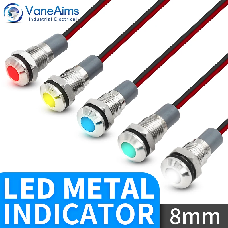 VaneAims 8mm Metal Signal Lamp Waterproof IP67 Light LED Indicator with Wire 3V 6V 12V 24V 220V Red Green Yellow White Blue