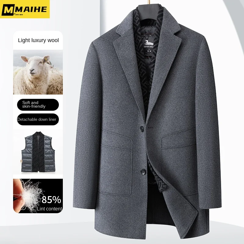 men's Winter Double-sided Wool Coat Long Warm And Removable Men's Down Jacket Vest Luxury Famous Brand Suit Collar Men's Coat