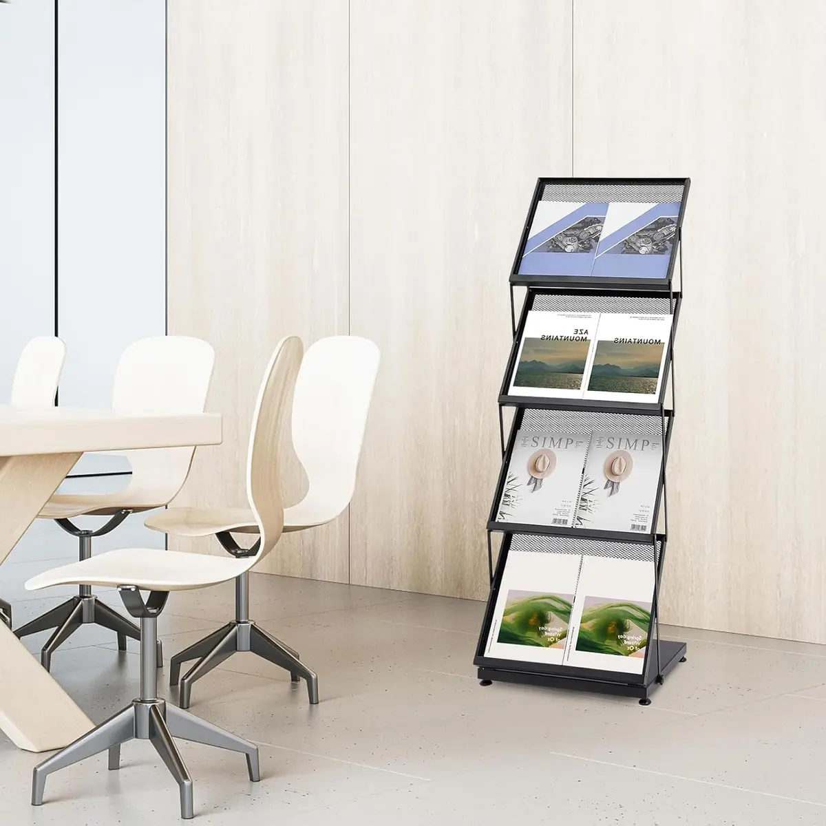 Foldable Magazine Rack,4 Tier A3 Literature Rack Brochure Display Stand Floor Magazine Rack for Exhibition, Office, Retail Store — view 3