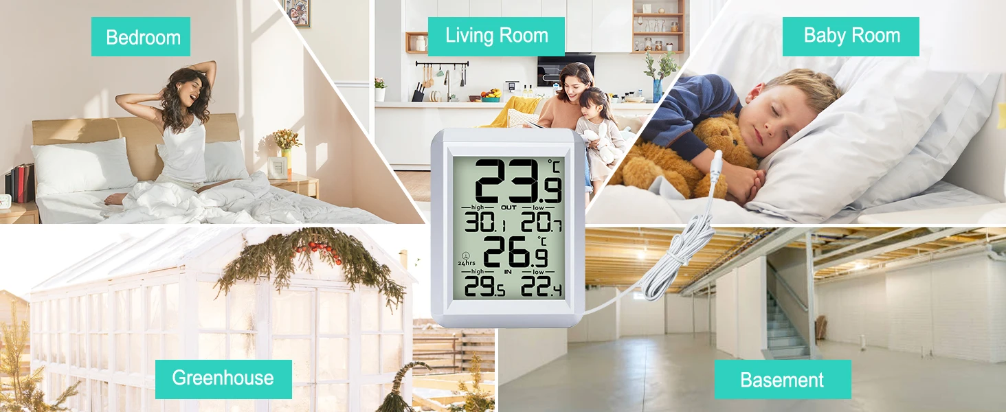 Digital In/Outdoor Thermometer Wired Monitor with Min/Max Record and Probe Senso