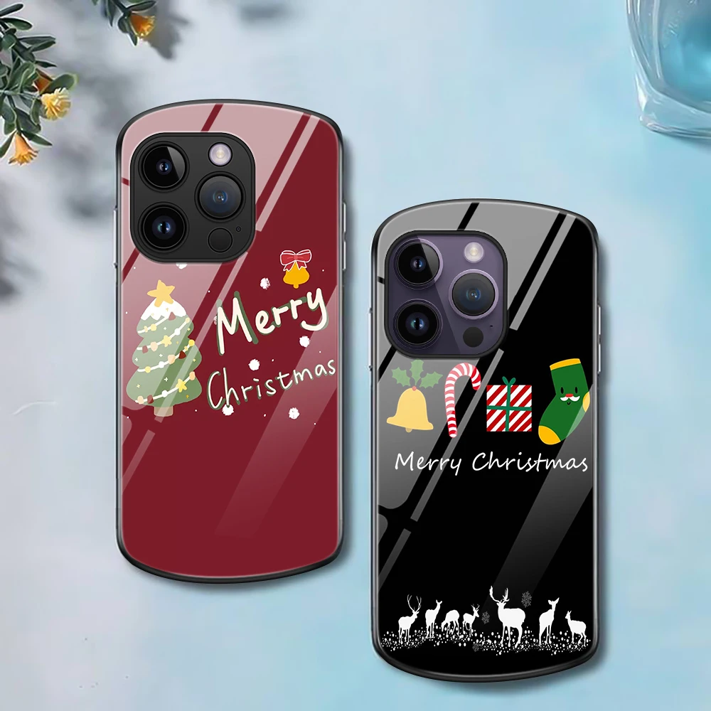 

Christmas Tree Oval Tempered Glass Phone Case for iPhone 15 11 13 12 Pro Max XR XS Max 7 8 Plus SE Cover for iPhone 14 Fundas