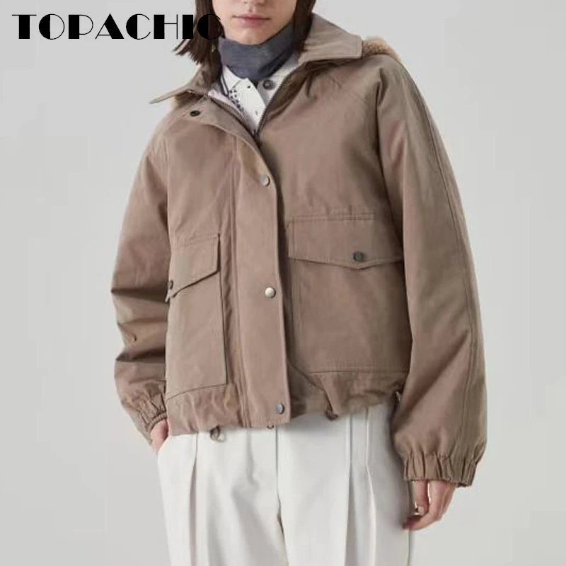 

11.6 TOPACHIC Women's Temperament Solid Color Bead Chains Hooded Button Pocket Drawstring Hem Casual Goose Down Jacket
