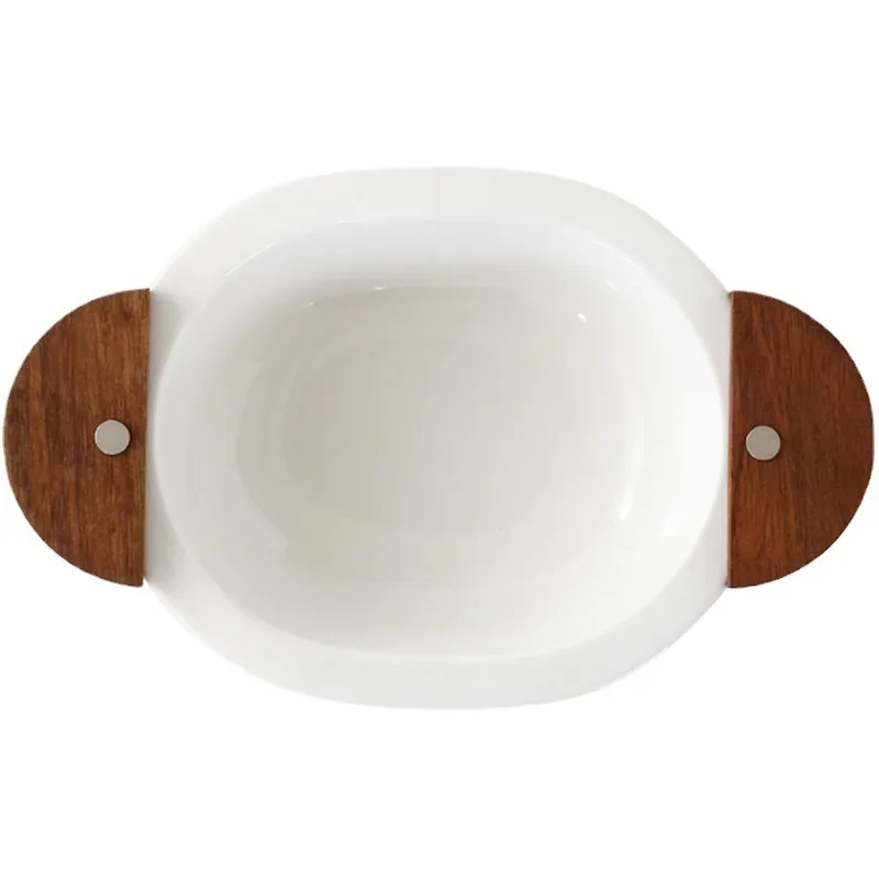 Acacia Wood Salad Bowl, Oval Ceramic Plate, Single-Serve Tableware, Fruit Bowl for Home, Exquisite Kitchen Tableware