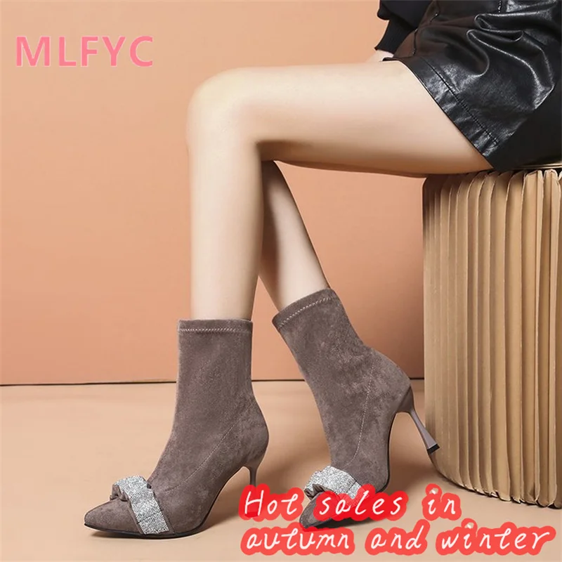 2023 New Rhinestone Pointed High Heel Short Boots Women's Autumn and Winter Single Boots Slim Boots French Women's Boots