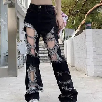 여성용 찢어진 헐렁한 와이드 레그 바지, 빈티지 Y2K 워싱 하라주쿠 힙합 스트리트웨어, 여성 데님 바지 J1, 여름 신상