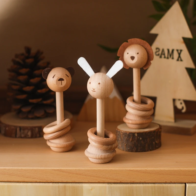 Wooden Teether for Newborn Baby Wooden Animal Rattle Toys 0 12 Months Baby Accessory Cartoon Novel Care Tools Teether Toys