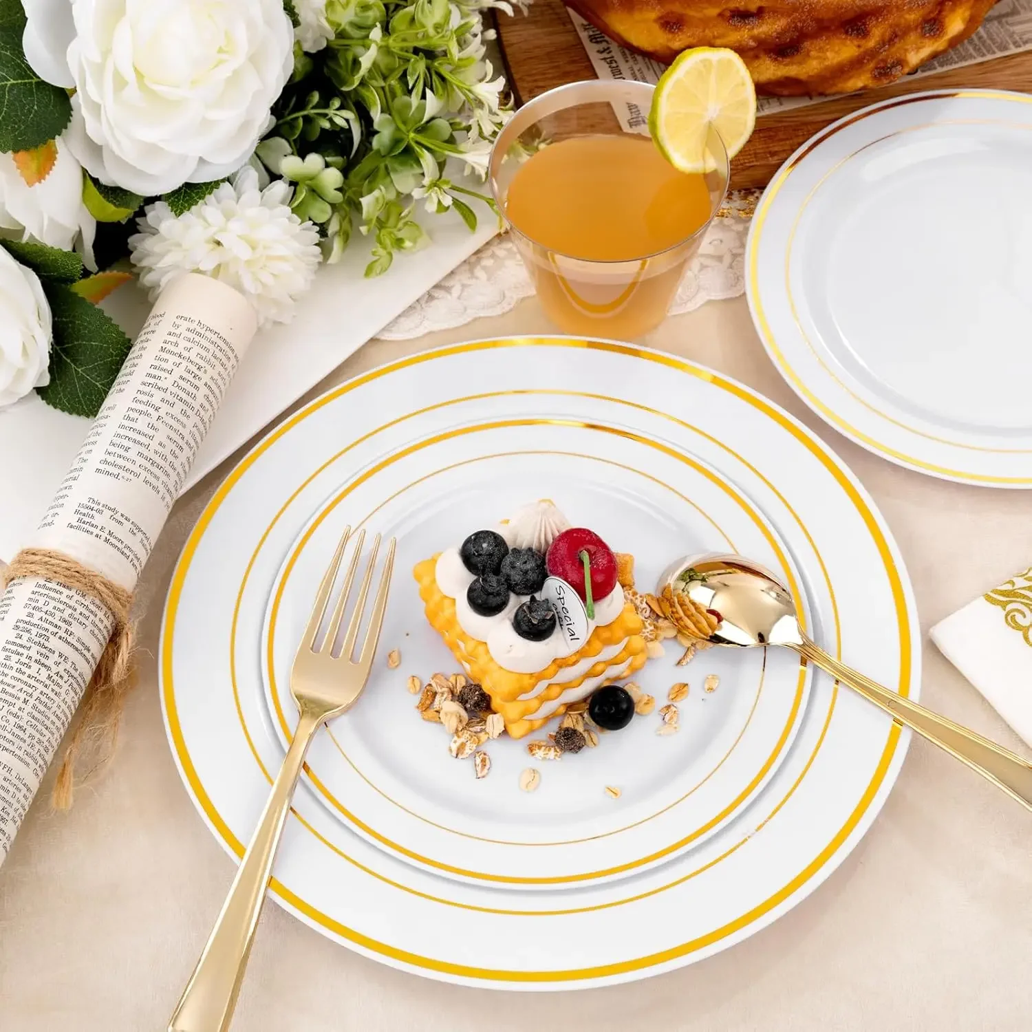 350PCS Gold Plastic Dinnerware Set-Gold Plastic Plates Disposable for 50 Guests Include 50 Dinner Plates,50 Dessert Plates