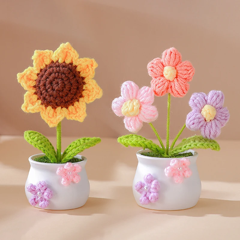 

Crochet Potted Flowers Hand Knitted Tuilp Sunflower Lily of the Valley Flowers Desktop Ornaments Artificial Flowers Home Decor