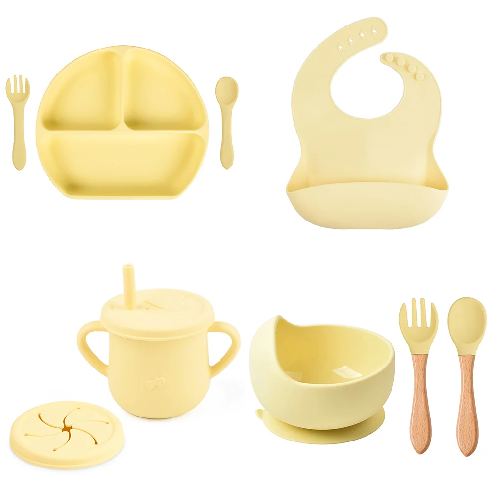 4/6/8PCS Baby Soft Silicone Bib Dinner Plate Suction Cup Bowl Plate Cup Spoon Fork Set Non-Slip Food Grade Silicone Kids Dishes silicone cutlery set baby feeding spoon silicone bowl silicone dinner plate