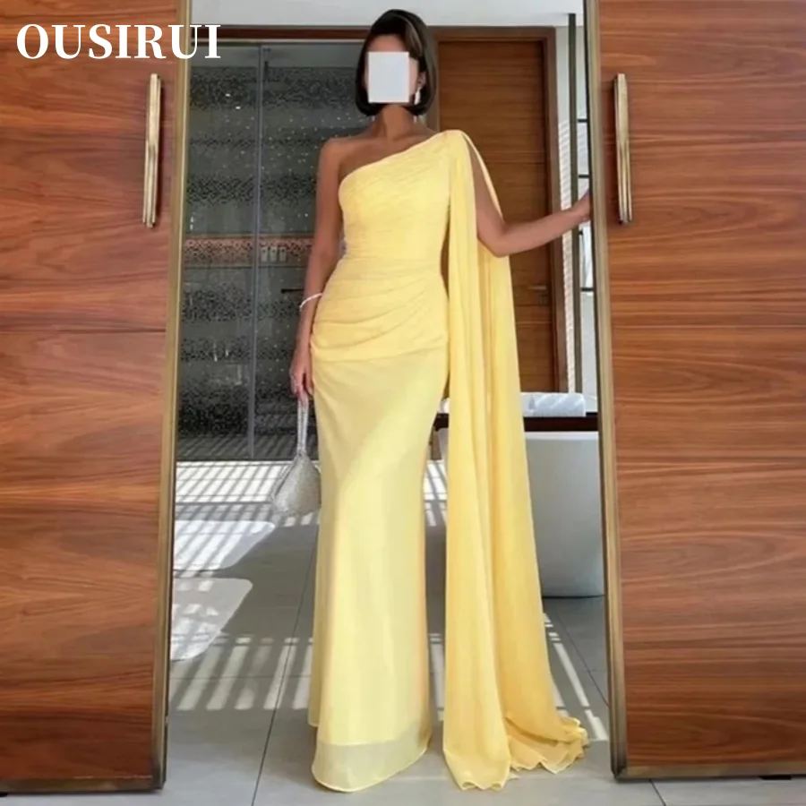 

OUSIRUI платье на одно плечо, женское платье для выпускного вечера, официальное вечернее платье до пола, желтое шифоновое платье-Русалка для выпускного вечера