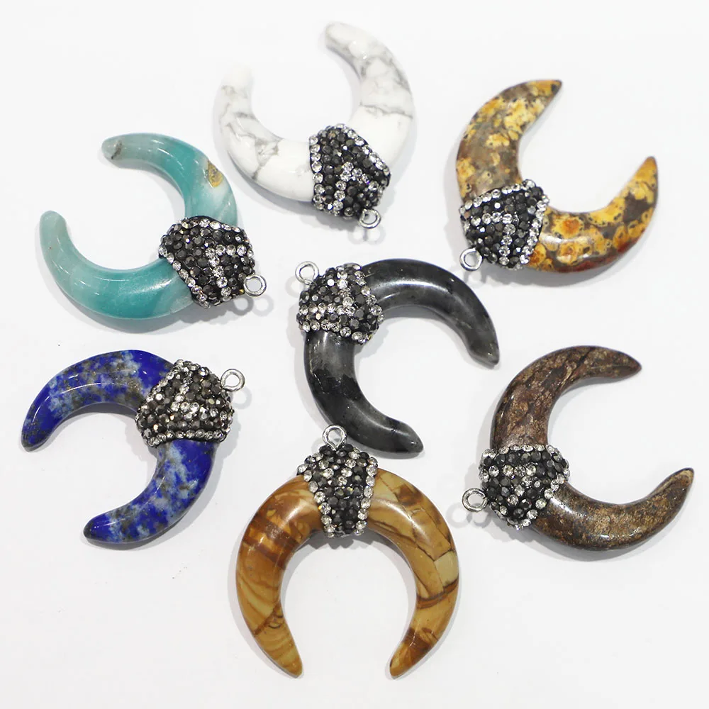 Free Shipping Natural Stone Crescent Horn Encrusting Diamond Pendant Necklace Fashion Reiki Jewelry Accessories Wholesale 6P/Lot