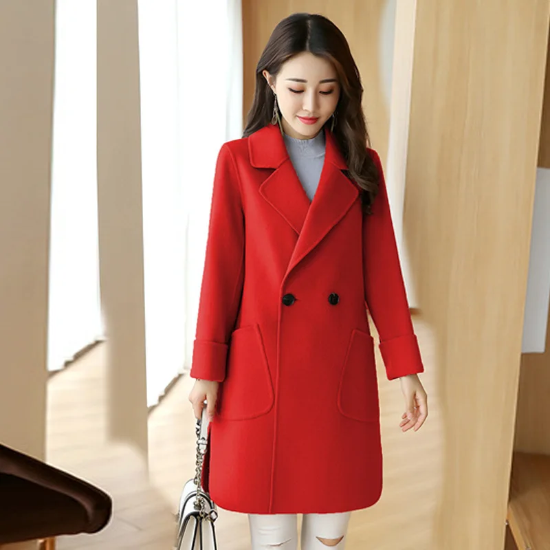 Women'S Woolen Jacket 2023 Autumn Winter Double Breasted Overcoat Plus Size Korean Long Sleeve Midi-Length Coat Loose Outwear