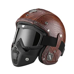German Vintage Open Face Motorcycle Helmet Cafe Racer Retro PU Leather Motocross Scooter Jet Casco With Goggle Moto Capacete DOT