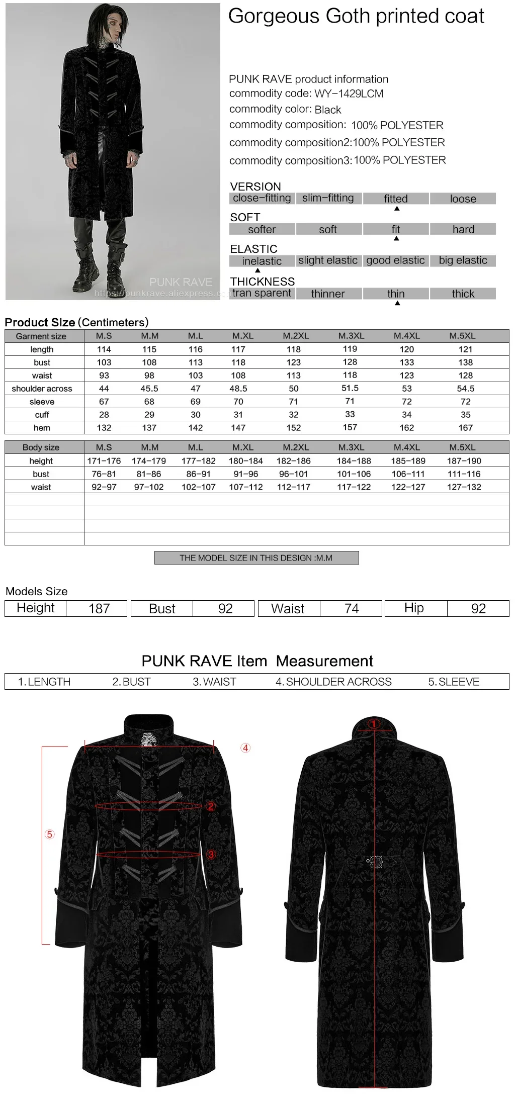 Description Picture 3 of itemPUNK RAVE Men's Gothic Gorgeous Printed Spliced Collar Long Coat Party Club Halloween Black Outwear Autumn Winter Mens Jacket