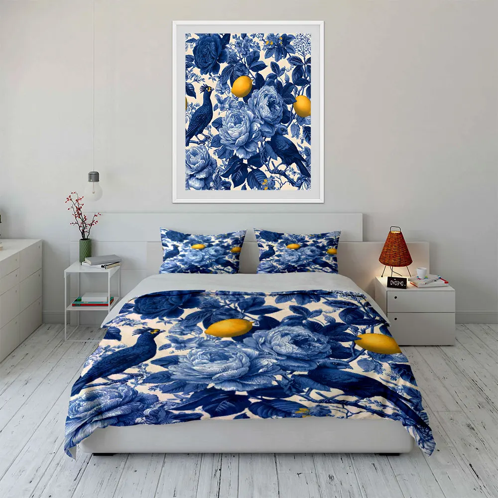 3pcs Blue floral with lemon birds Duvet Cover Set with 3D Printing Design Soft Polyester Bedding Set All-Season Comfort 2