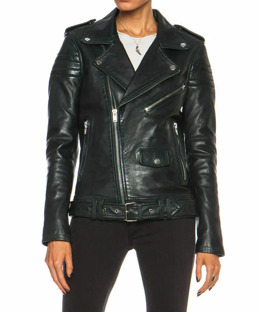 Women's Slim Fit Black Cafe Racer Genuine Lambskin Motorcycle Biker Jacket