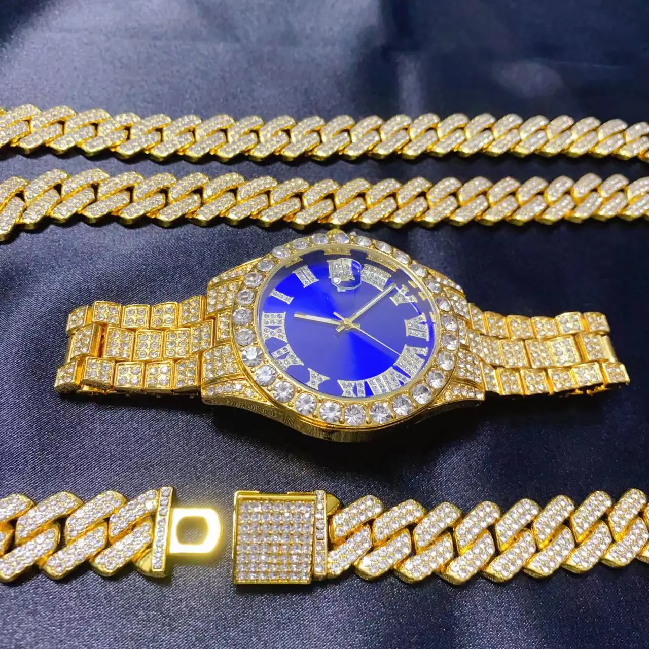 3PCS Hip Hop Calendar Luxury Watch Necklace Bracelet Jewelry Set for Men Bling Gold Silver Diamond Man Box Iced Out Cuban Chains