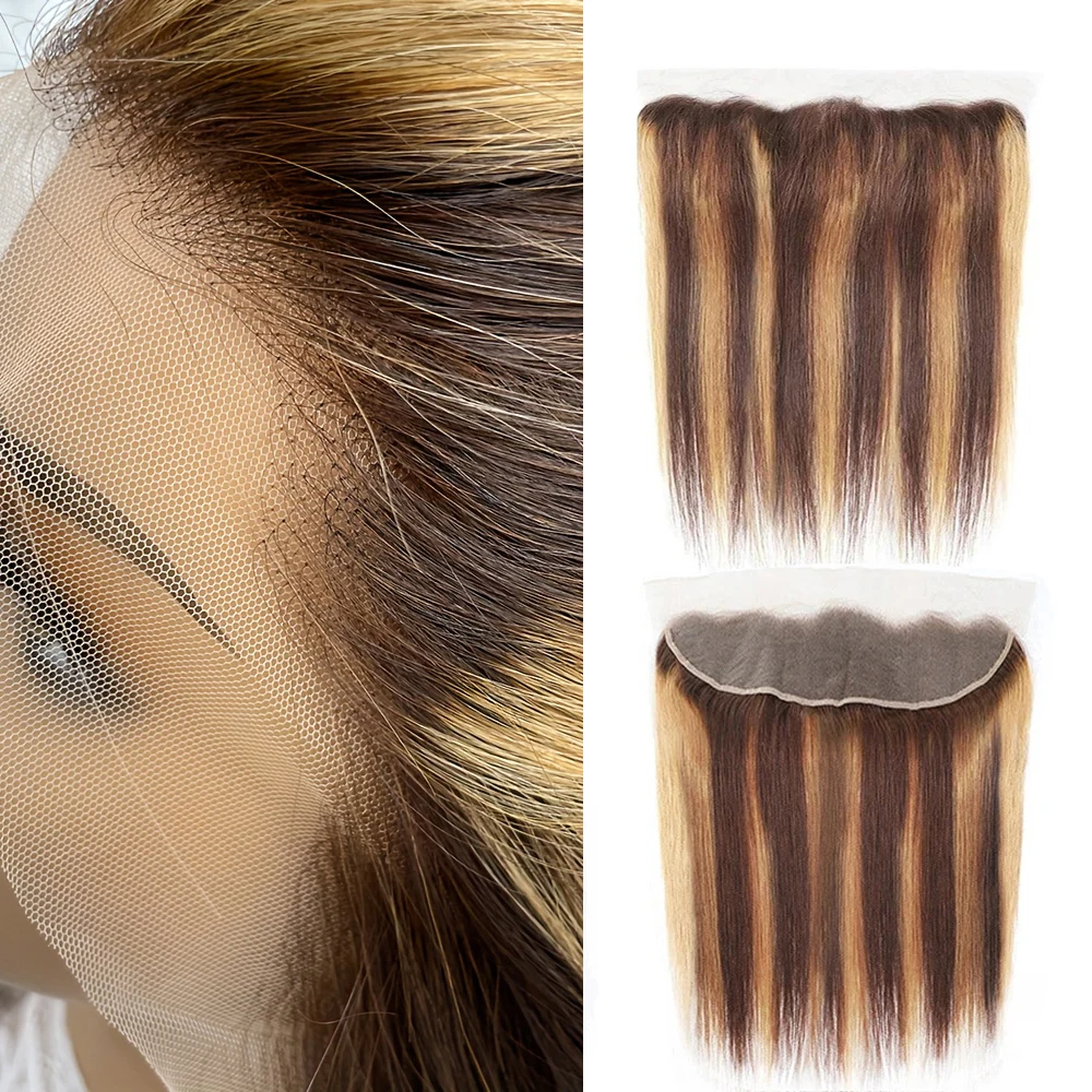 Highlight Lace Closure Frontal Straight Hair Human Hair For Women Pre Plucked 13X4Lace Frontal P4/27 Lace Closure 14-22inch Lace Frontal Closure Lace Front Human Hair Wigs Lace Human Hair Human Hair Wigs