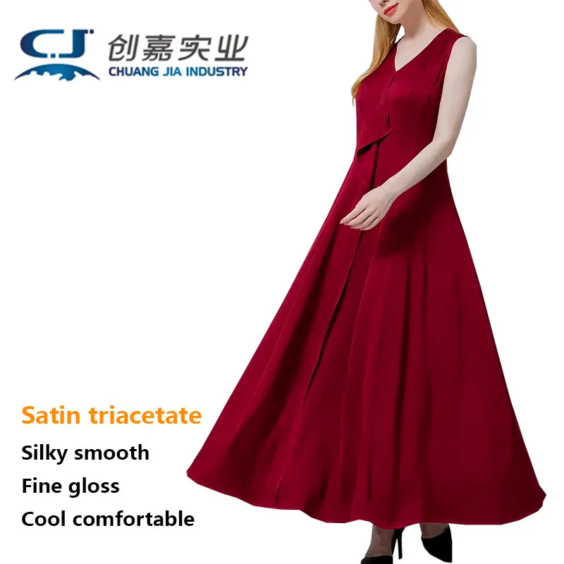 

Satin Triacetate Spring Summer Women's Sleeveless V-neck Large Swing Dress Wine Red Temperament Elegant and Smooth Long Skirt