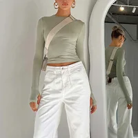 Fashion Women T-shirt Long Sleeve Crew Neck Solid Slim Fit Ladies Crop Top with Thumb Holes for Daily Streetwear Summer Camis 3