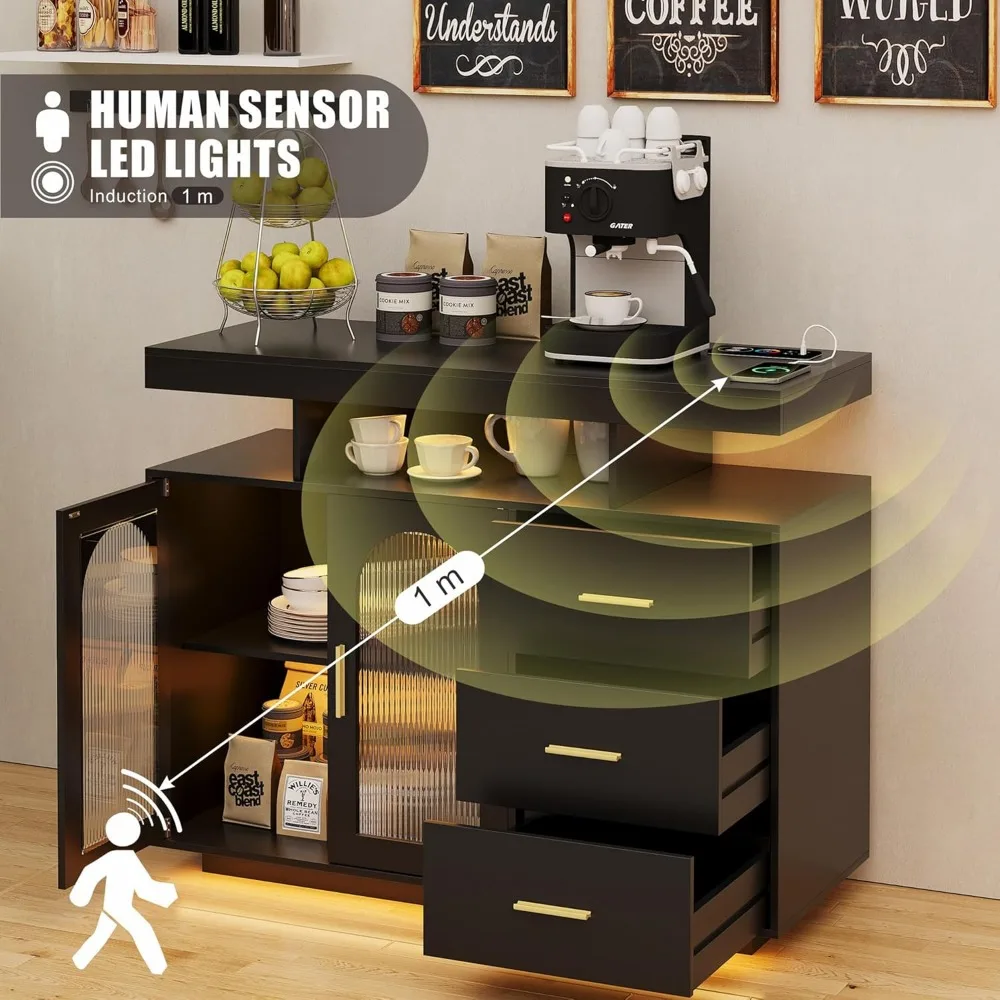LED Coffee Bar Cabinet Kitchen Storage Cabinet & Sideboard Buffet Cabinets - Shelf Capacity for Dinning Room/Living Room（Black) 6