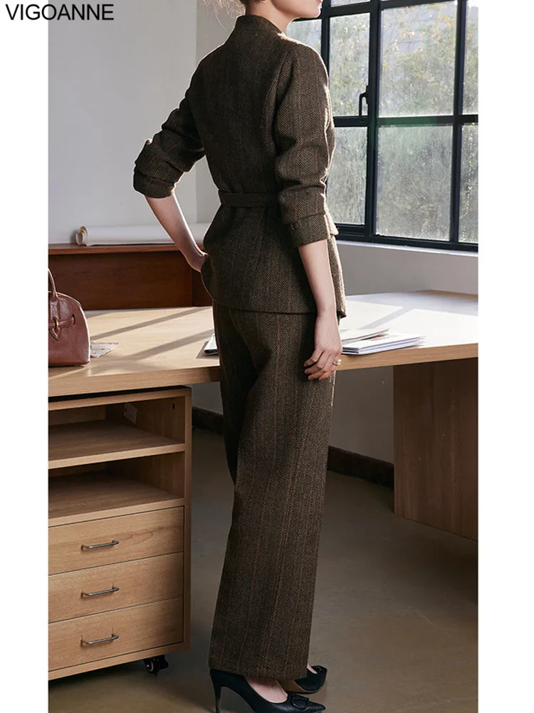 2025 Autumn Women Brown Slim Professional Suit High Waist Staight Long Pants Set Lady Office Trousers Coat 2 Piece Blazer Suit 6