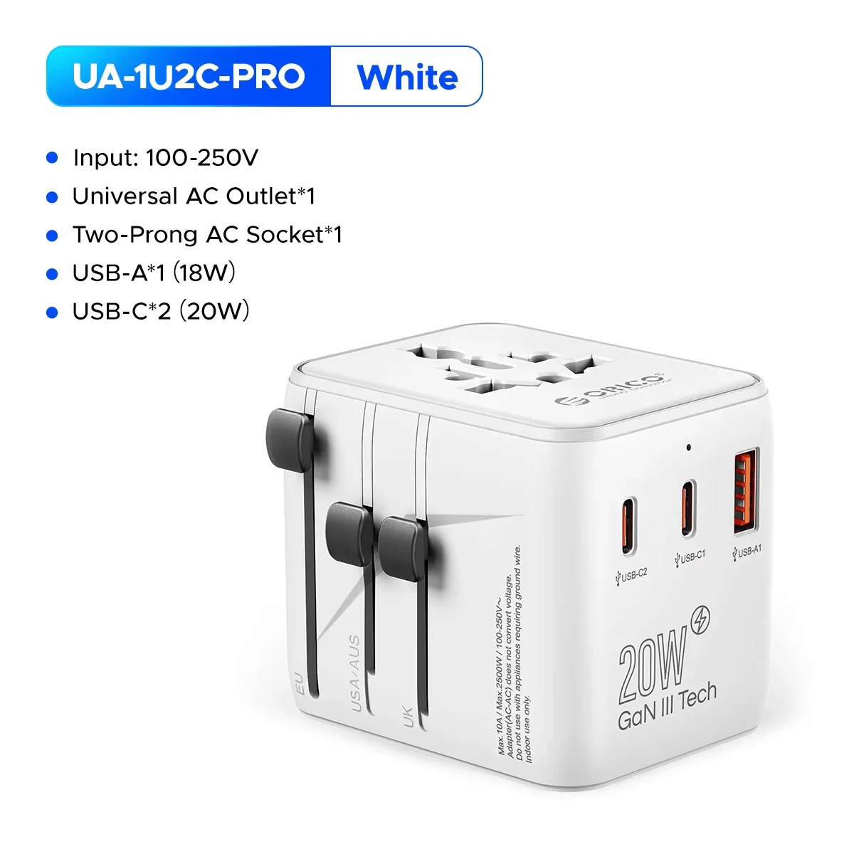 Universal Travel Adapter with 20W GaN Fast Charging and Dual USB Ports