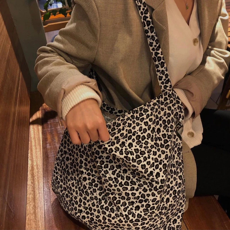 

Large Capacity Women Eco Reusable Shopping Bag Leopard Pattern Ladies Canvas Shoulder Bags Student Girls School Tote Handbags