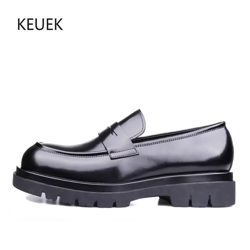

New Design Men Dress Shoes Genuine Leather Thick Sole Luxury Business Office Derby Shoes Slip On Wedding Shoes Loafers 2C