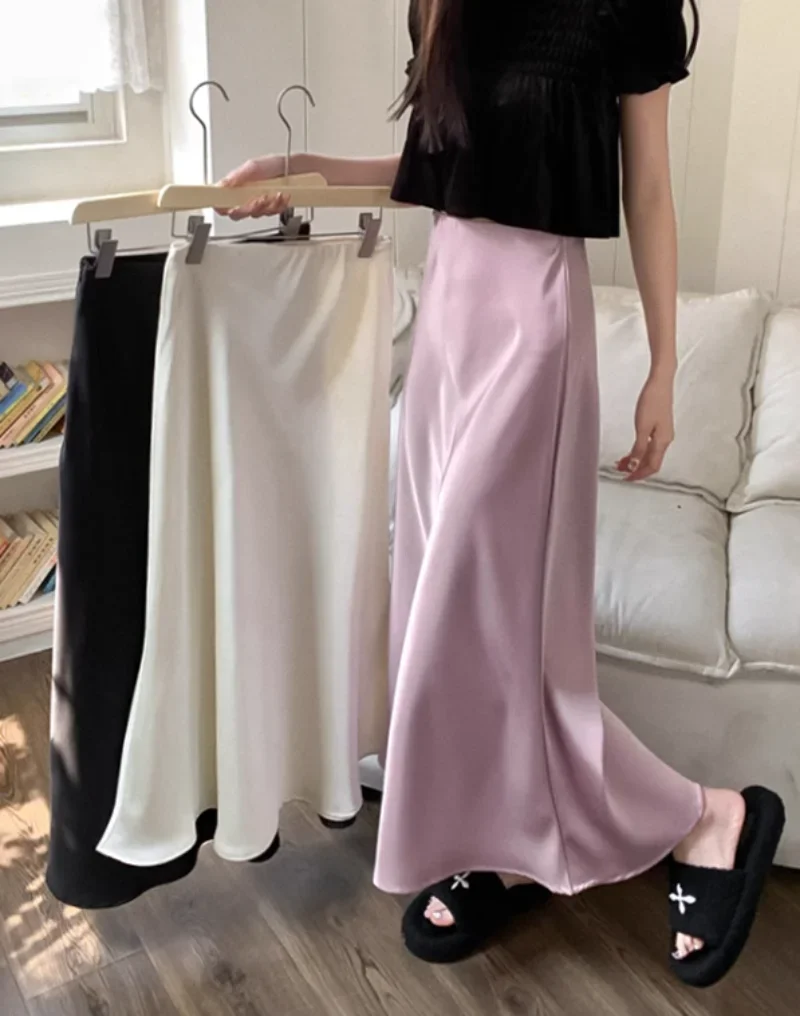 

Spring OL Bodycon Faldas Largas Midi Black Satin Skirt Wild Korean Style Long Skirts for Women Ruffle Mermaid Fashion