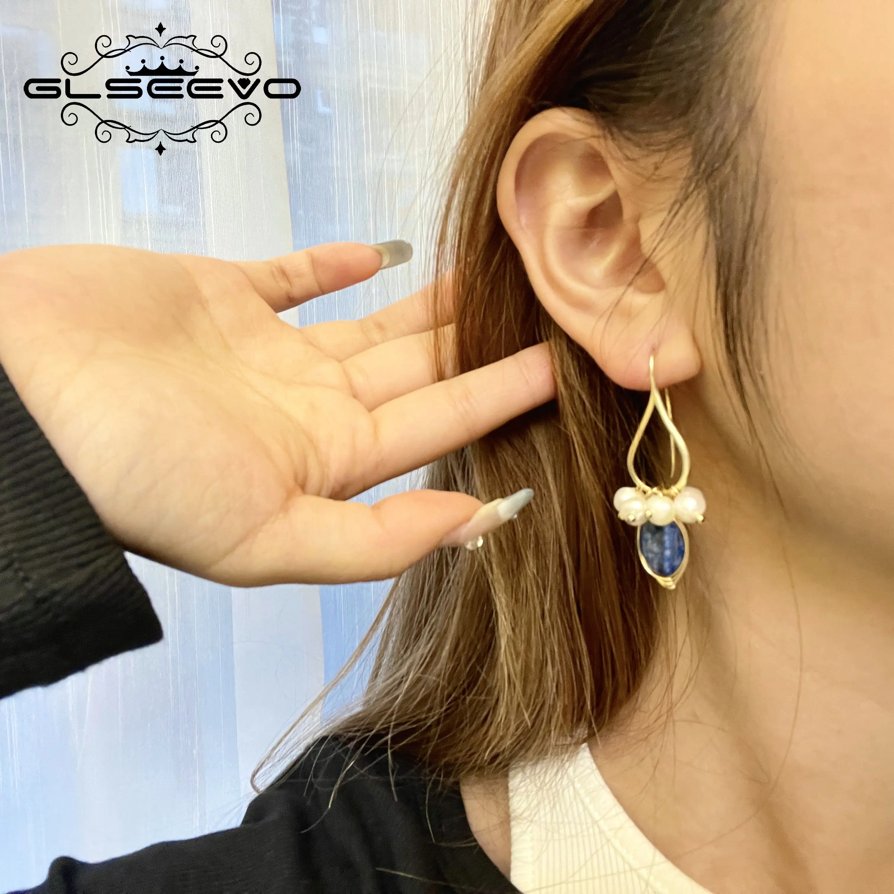 GLSEEVO Natural lapis lazuli Pearl Temperament Drop Earrings Women Girls Party Gift Original Design Luxury Jewellery Gift GE0988 drop earrings dangle earrings