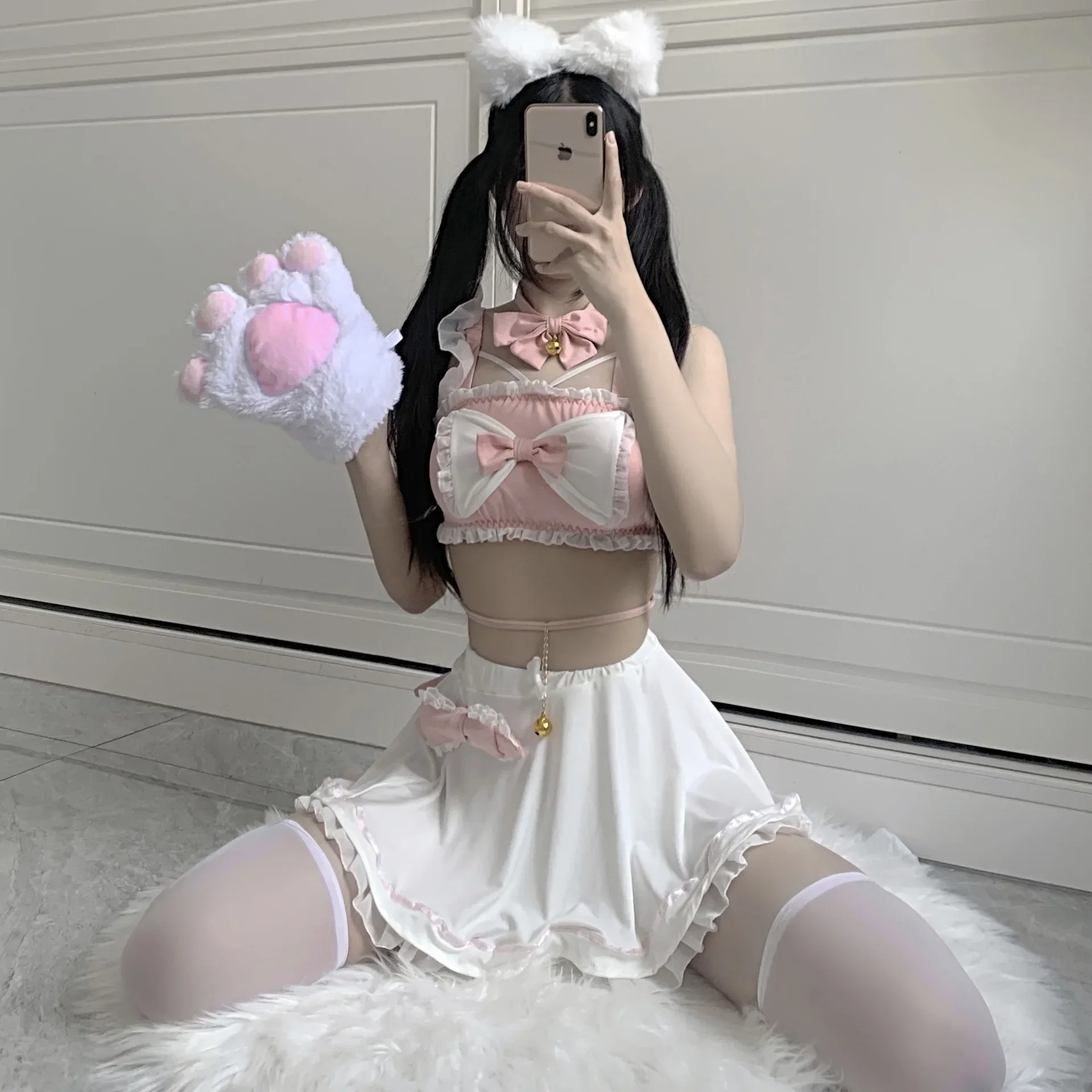 Gonna Lolita Invernale Soffice In Peluche: Donna, Kawaii, Vita Alta, Per Cosplay, Bianca/Rosa, 51cm