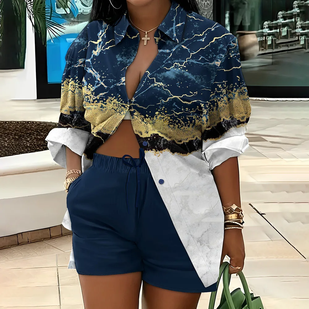 

Spring Autumn New Arrival Women Temperament Long Sleeve Single Breasted Shirt Two Piece Set of Printed Elastic Waist Shorts Set