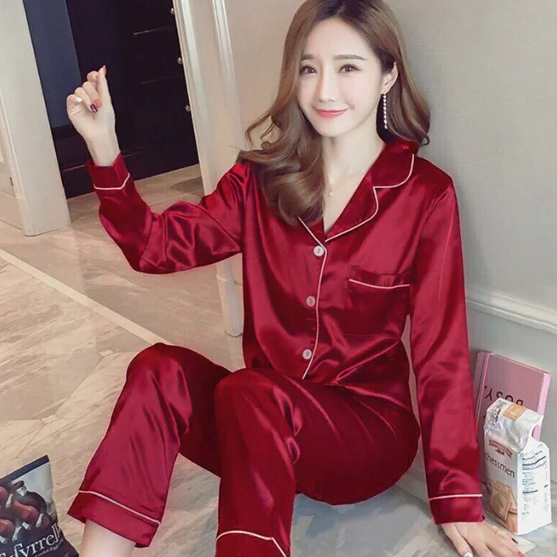 Spring Autumn Women's Thin Ice Silk Pajamas Solid Color Lapel Long Sleeve Cardigan Oversized Imitation Silk Home Clothing Set