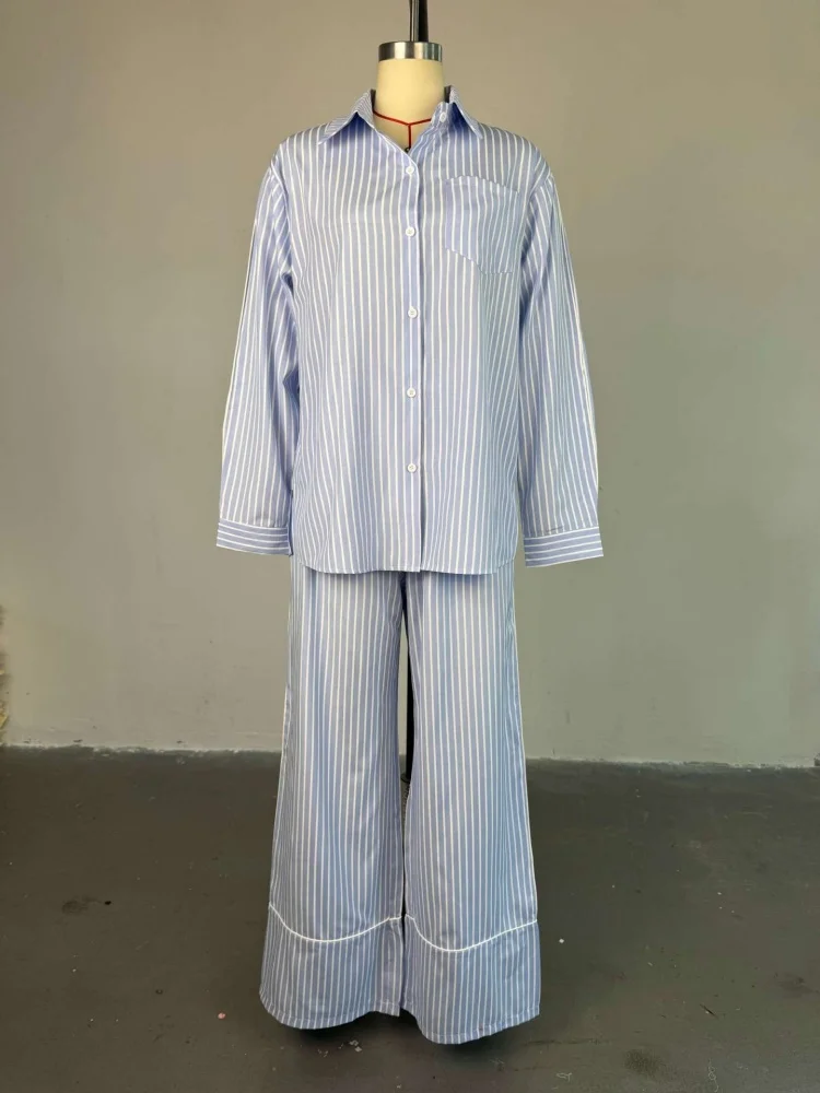Wmstar Two Piece Set Women Wholesale Woman 2025 Summer New Fashion Lapel Loose Striped Shirt  Suit Wide Leg Trousers Pant Sets
