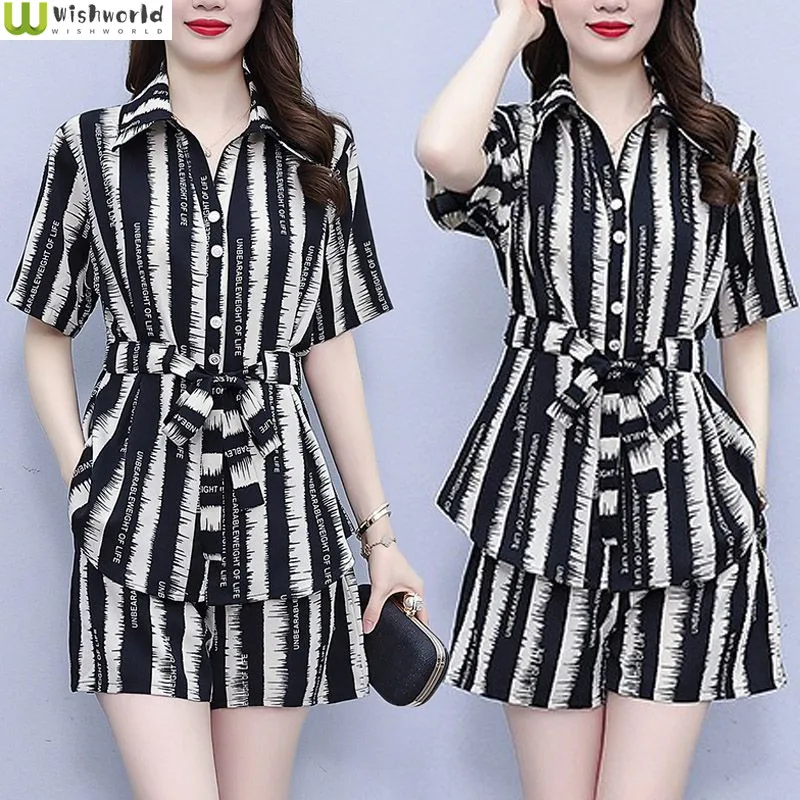 Spring and Summer New High End Temperament Women's Fashion Age Reducing Loose Vertical Stripe Print Two Piece Set