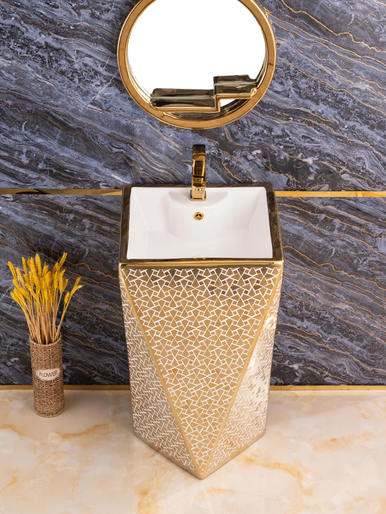 

Gold column basin integrated floor standing color gold light luxury ceramic washbasin