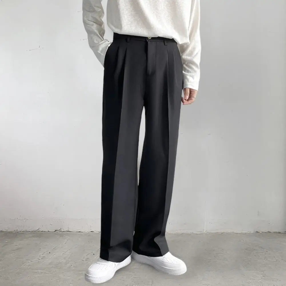 Men Pants Button Zipper Fly Pockets Loose Korean Style Suit Pants Spring Autumn Mid-Waist Straight Wide Leg Casual Trousers 4