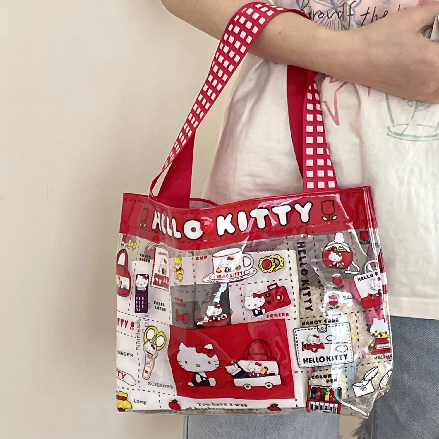 Sanrio KT Cute Cartoon Transparent PVC Makeup Bag Large Capacity Portable Handbag Style Cosmetic Storage Pouch Storage Bag