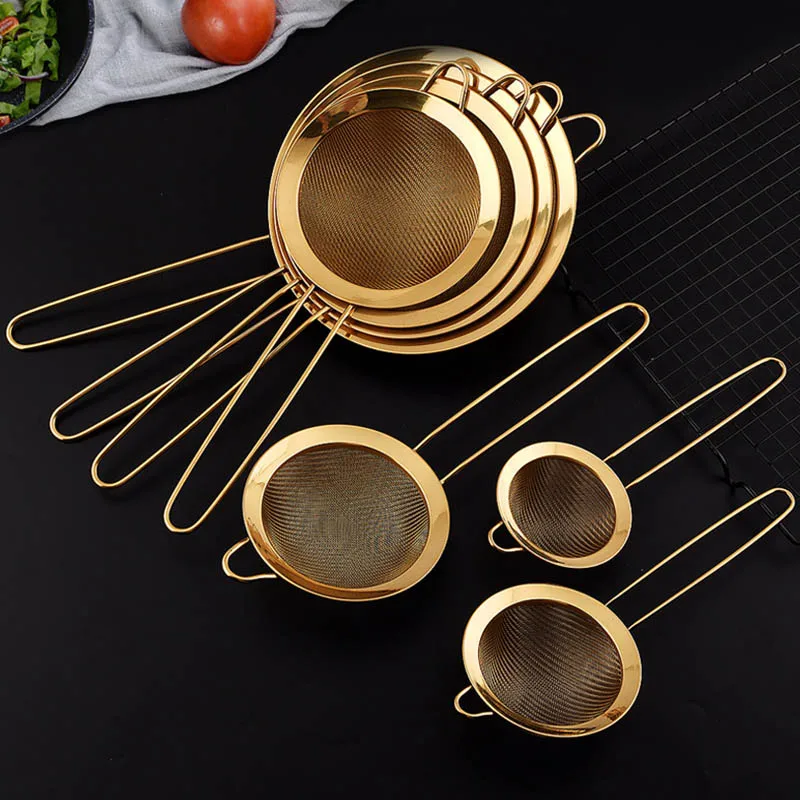 

201/304 Golden Stainless Steel Strainer Soybean Milk Fruit Juice Colander With Hooks Fine Mesh Flour Sifter Home Kitchen Gadget