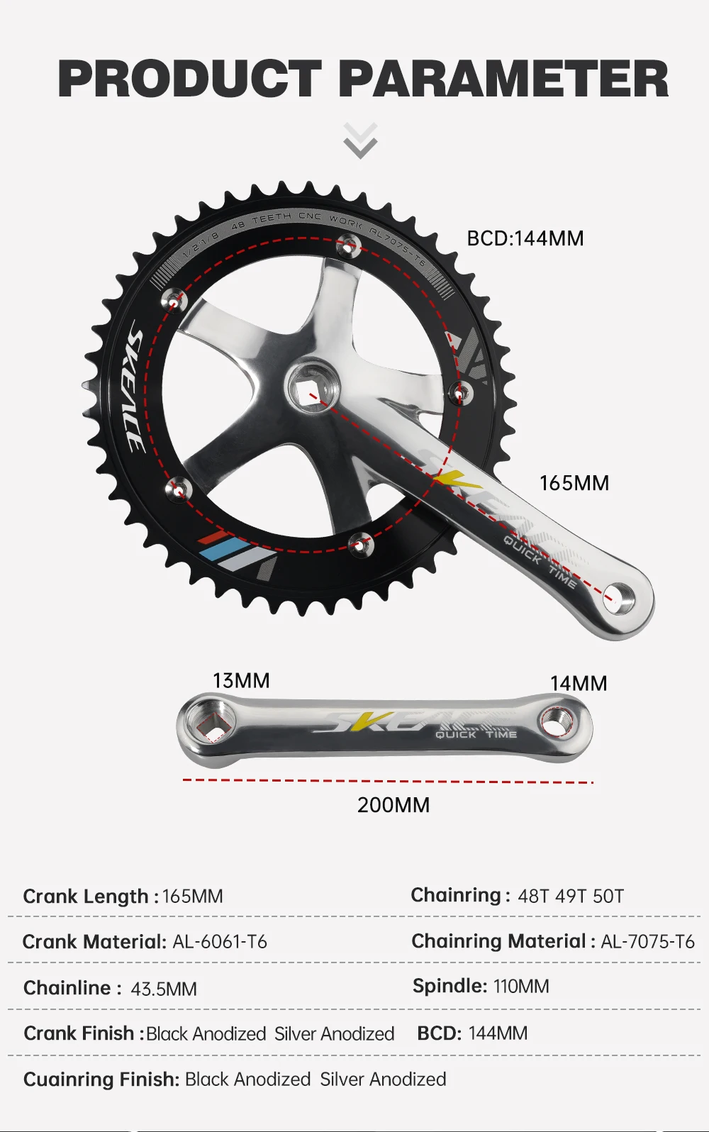 Skeace Pedaleira de Bicicleta 48T Engrenagem Fixa BCD 144mm