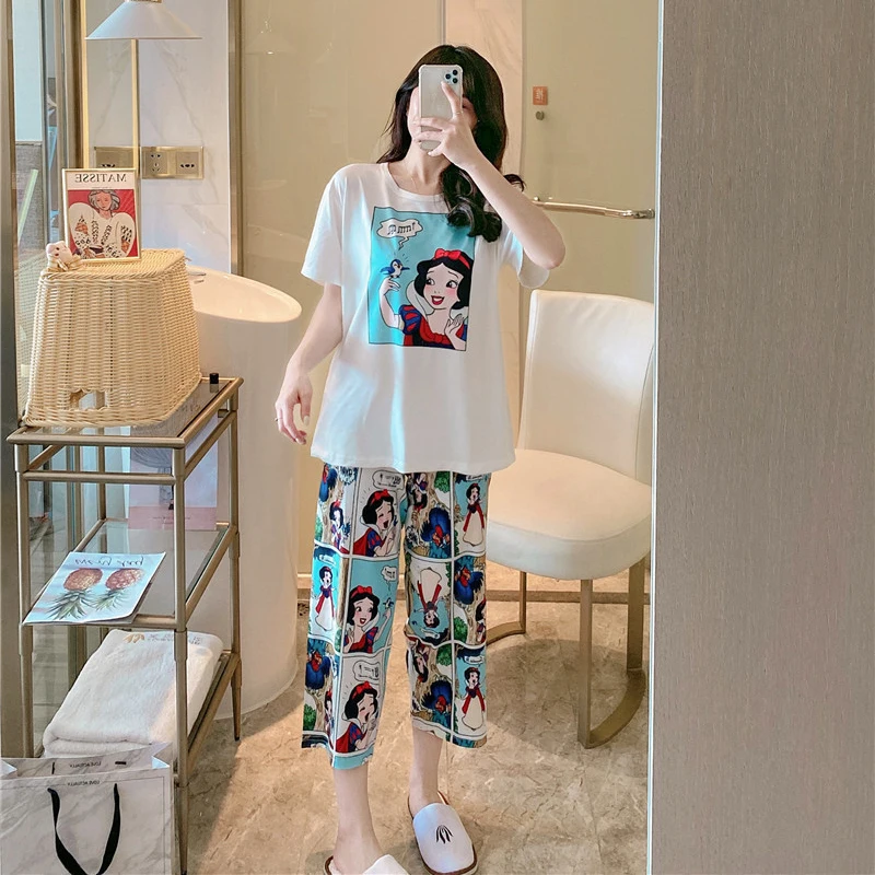 Disney Cartoon Mickey Winnie Snow White Pajamas Ladies Summer Short Sleeves Cute Pants Thin Girls Loose Homewear Pajamas Set 4