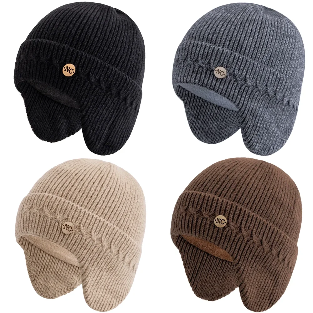 Unisex NC Metal Decorative Winter Hats With Earflap Plush Fur Lined Men Women Fashion Warm Beanie Cap Casual Winter Knitted Hats