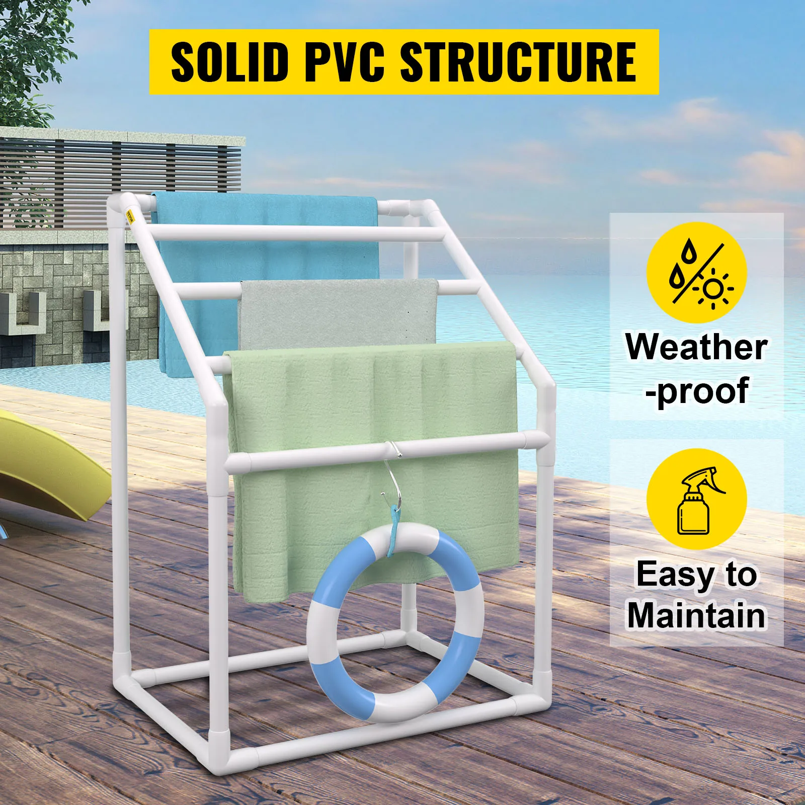VEVOR Pool Towel Rack 5/6/7 Bar Outdoor PVC Trapezoidal/Triangular/Curved Poolside Storage Organizer w/ White/Brown Freestanding