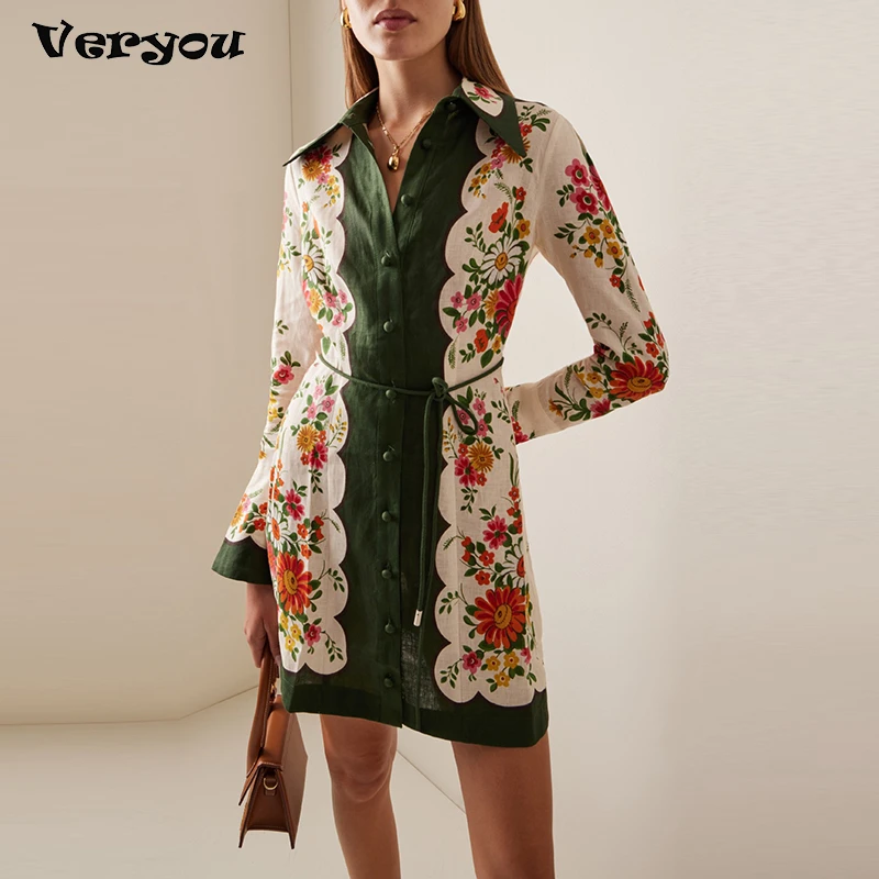 

Fashion Lapel Collar Button Shirt Dress Women Casual Long Sleeve Tie-up Mini Dress Elegant Flower Print Patchwork ShirtDress