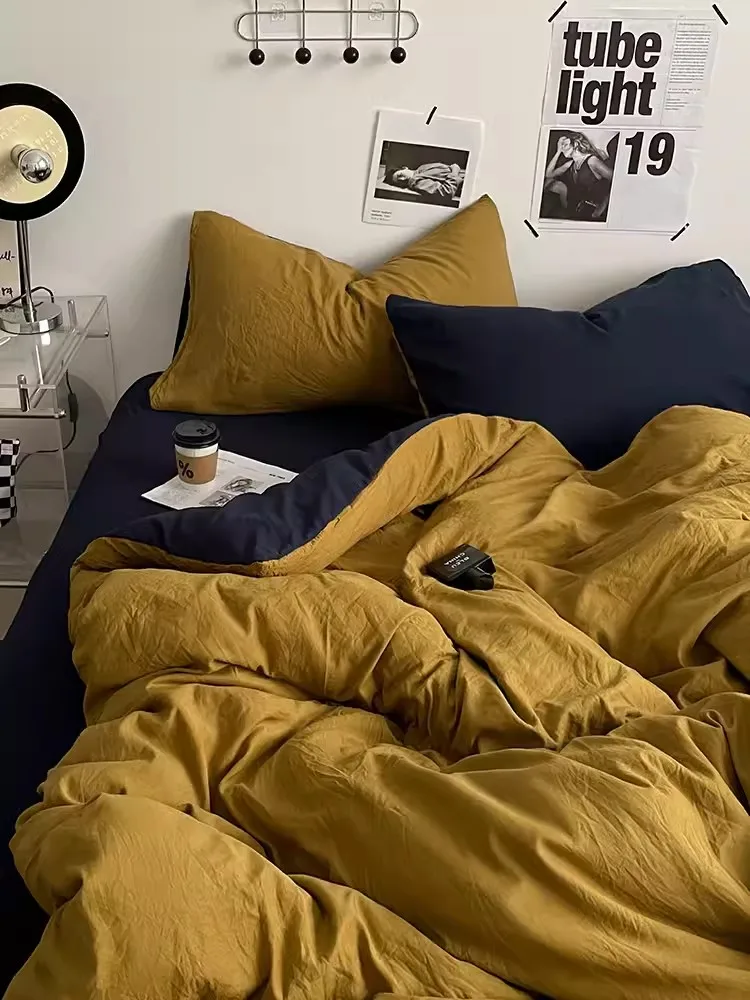 

Visual solid color washed cotton four piece set, student dormitory single person three piece set, naked sleeping bed sheet, quil